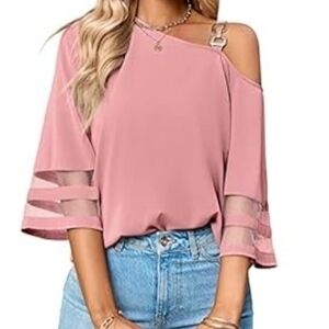 Pink Off-Shoulder Blouse with Sheer Sleeves